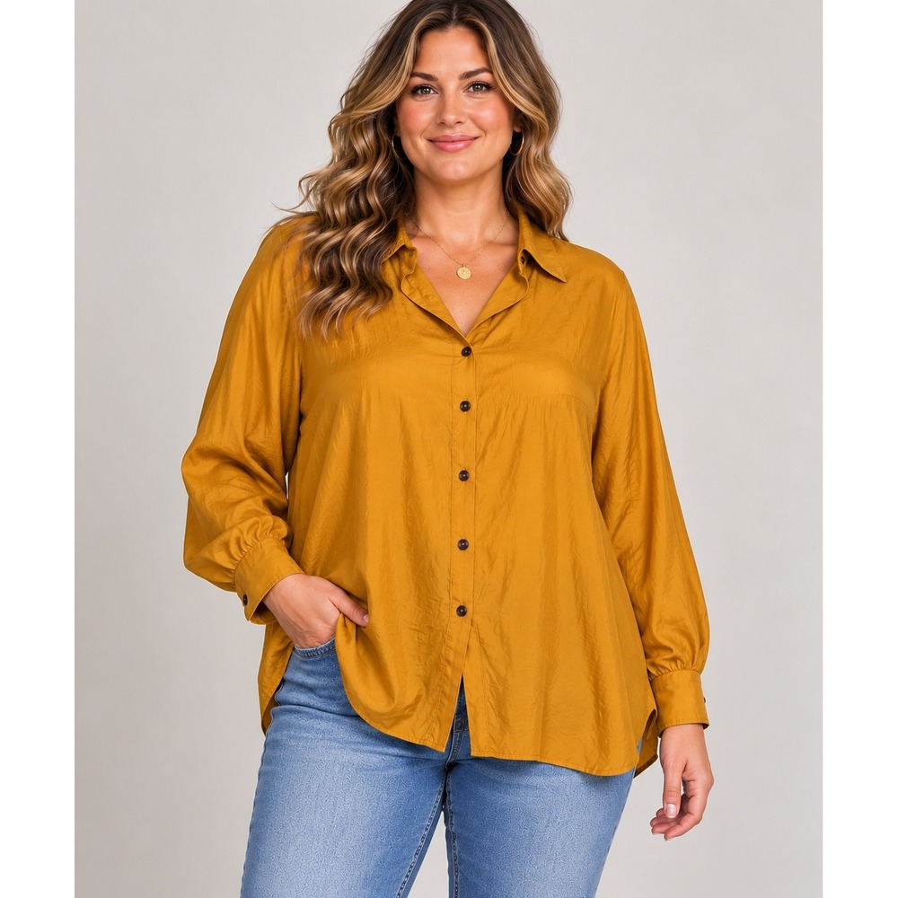 Express Silk Blouse Large Mustard Yellow Gold Shoulder Pads Vintage